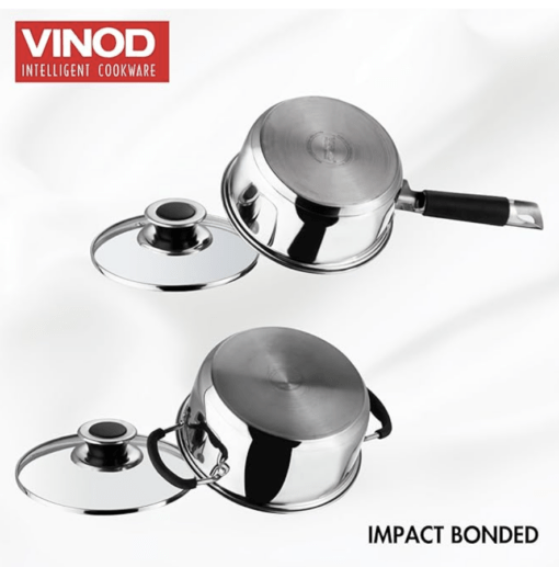 Vinod Stainless Steel Induction and Gas Stove Friendly Master Chef Cookware Set- 2 Pieces, Saucepan (16 cm/1.5 litre), Casserole (18 cm /2.1 litre) with Glass Lids - Image 2